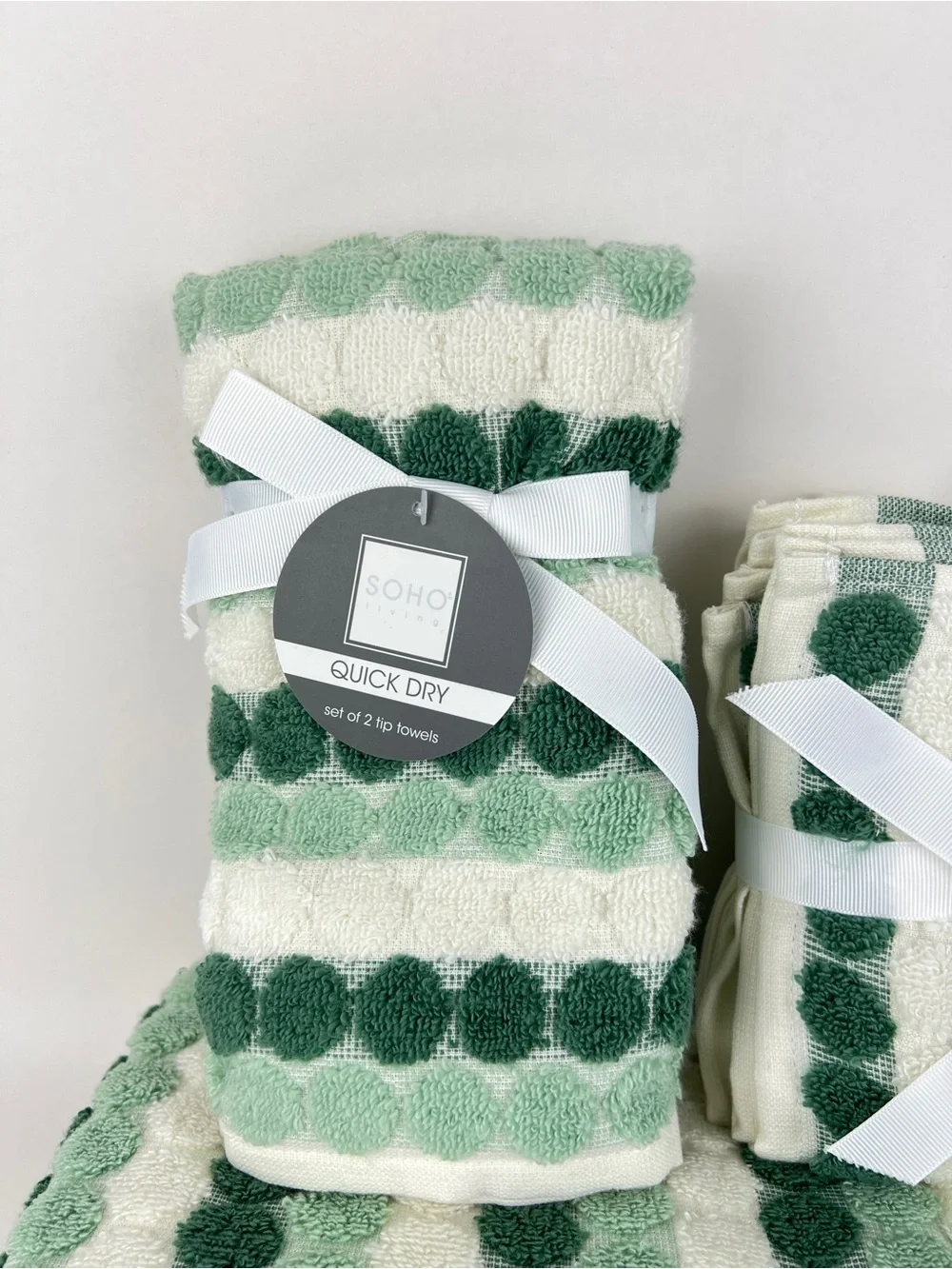 SOHO Living Bath Towel Set Green White Polka Dot & Stripe  Soft Cotton 8 Pc NEW